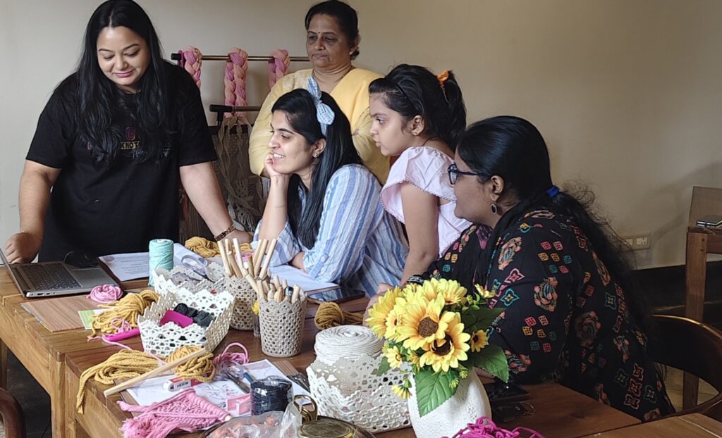 Macramé workshop participants learning handmade knots at Crafty Knots Studio in Goa