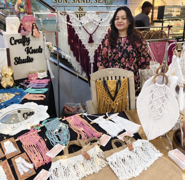 goa based macramé artist displaying handmade wall hangings, plant holders, mirrors, and accessories at craftyknotsstudio.