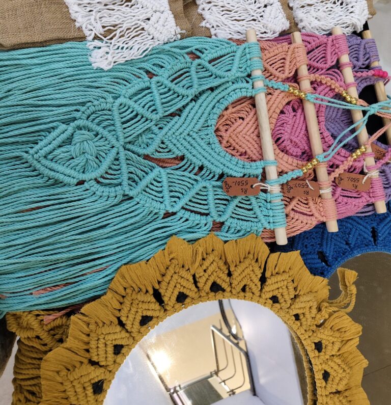 Handmade macramé wall hangings created during a beginner macramé workshop in Goa