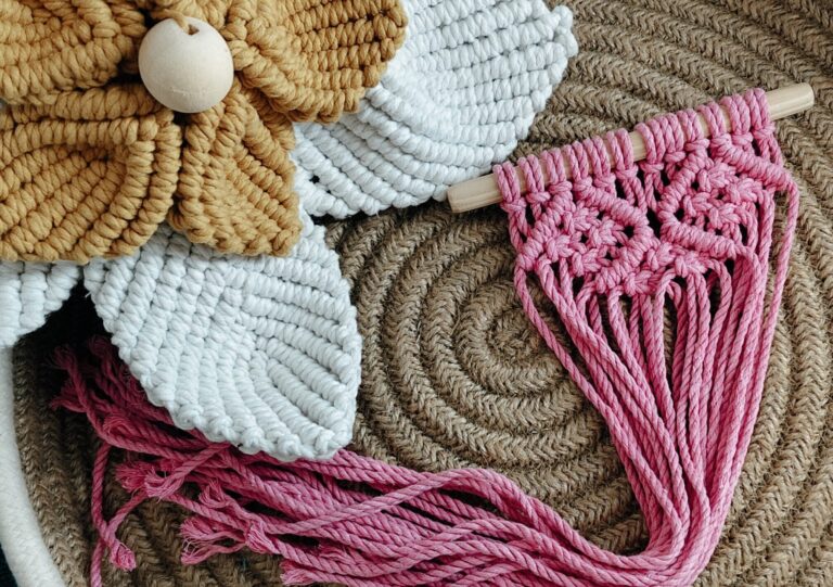 Handmade macramé wall hanging in pink cotton cord crafted in Goa by Crafty Knots Studio
