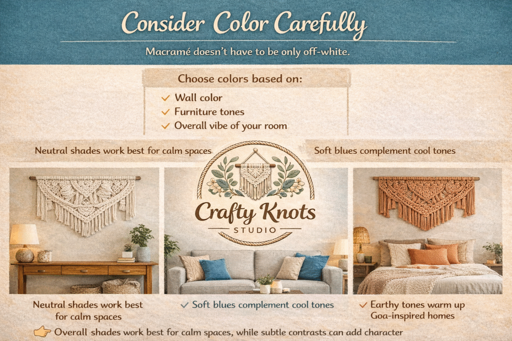 Infographic showing how to choose macramé wall hanging colors based on wall color, furniture tones, and room vibe by Crafty Knots Studio in Goa