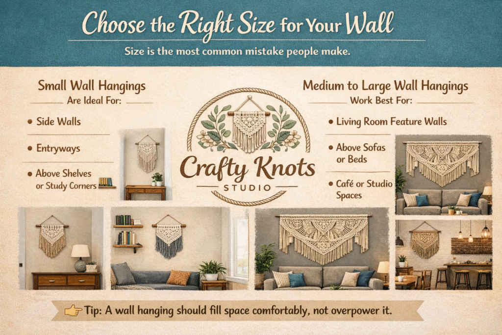 Infographic showing how to choose the right size macramé wall hanging for different wall spaces by Crafty Knots Studio in Goa