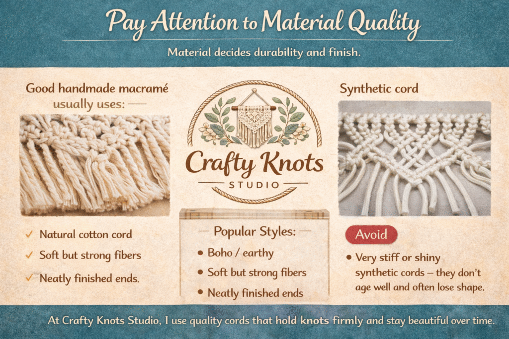 Infographic comparing natural cotton cord and synthetic cord quality in handmade macramé by Crafty Knots Studio in Goa