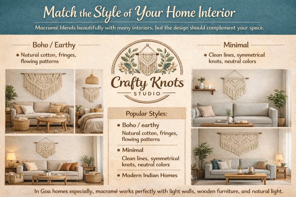 Infographic showing how to match macramé wall hanging styles with different home interiors by Crafty Knots Studio in Goa