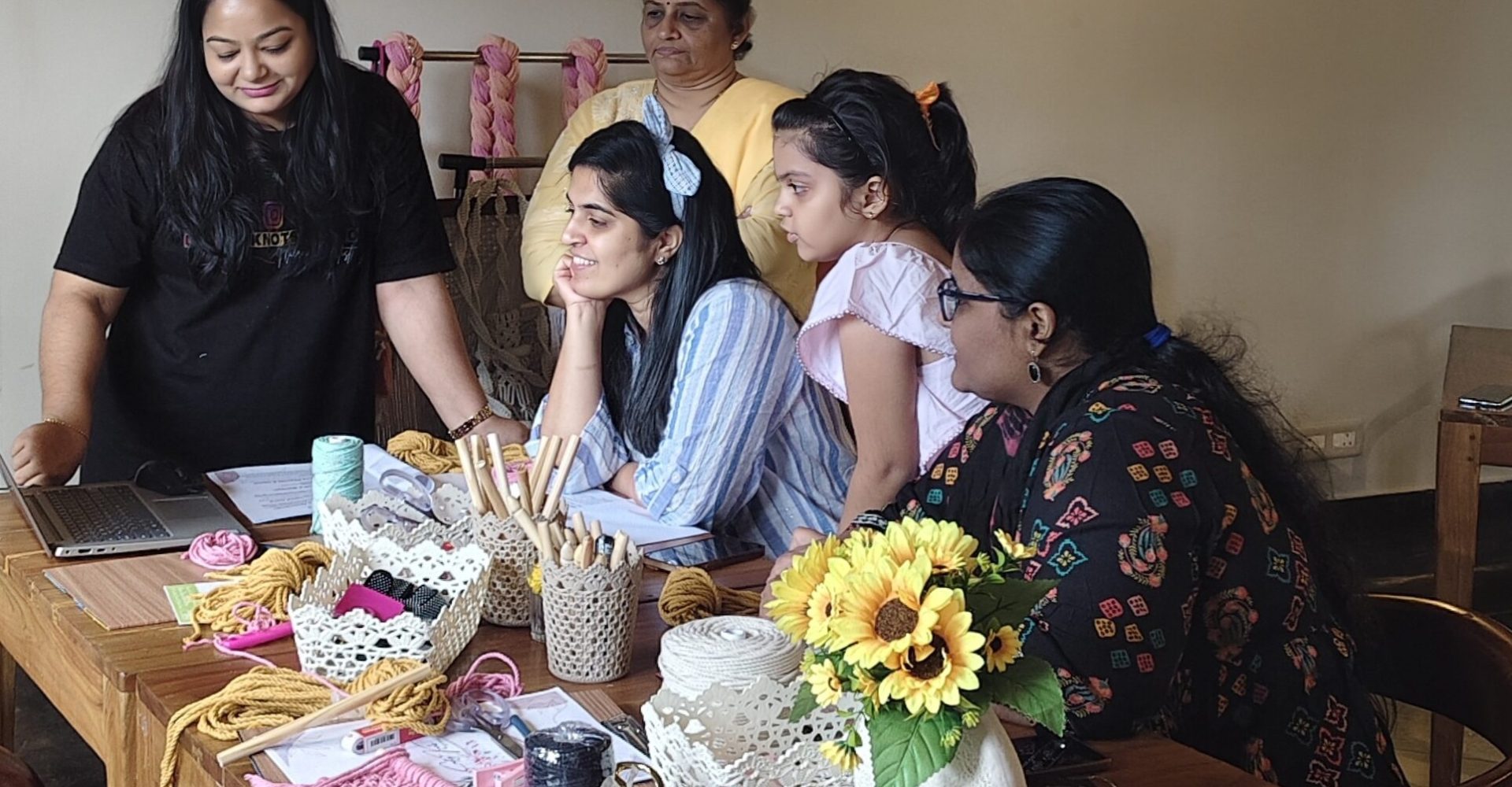 Macramé workshop participants learning handmade knots at Crafty Knots Studio in Goa