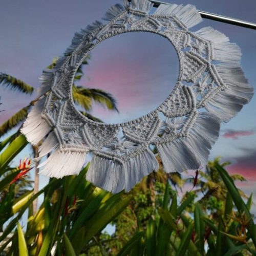 handmade white macramé wall hanging crafted in Goa