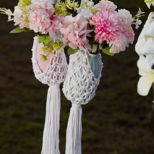 Macramé plant hanger with flowers – handmade décor by Crafty Knots Studio Goa