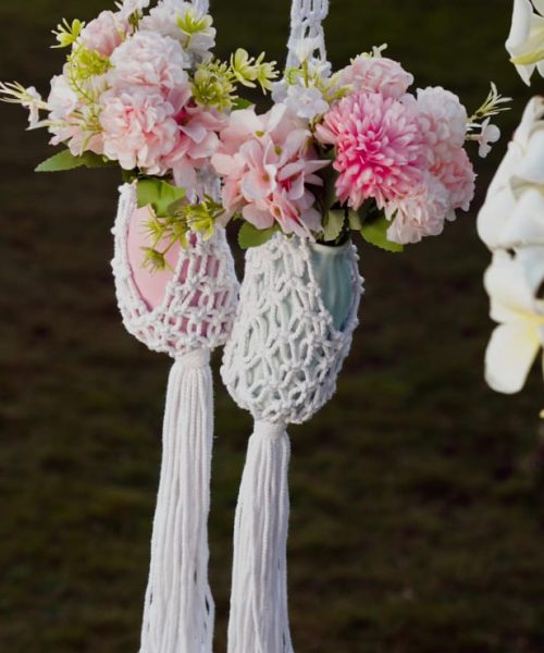 Macramé plant hanger with flowers – handmade décor by Crafty Knots Studio Goa