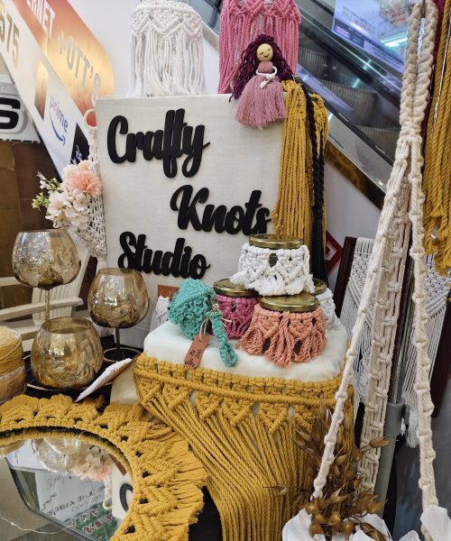 Handmade macramé home decor displayed at Crafty Knots Studio stall in Goa