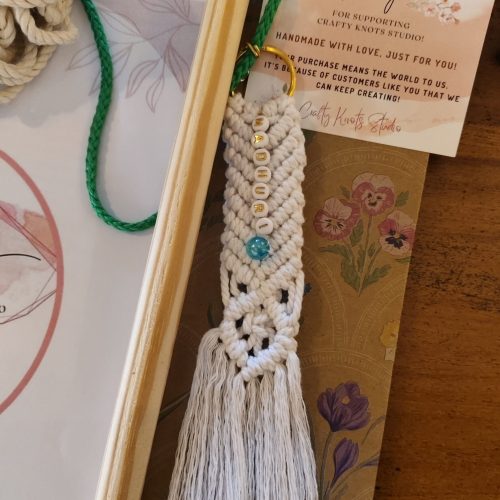 Personalised handmade macrame bookmark with name beads by Crafty Knots Studio Goa